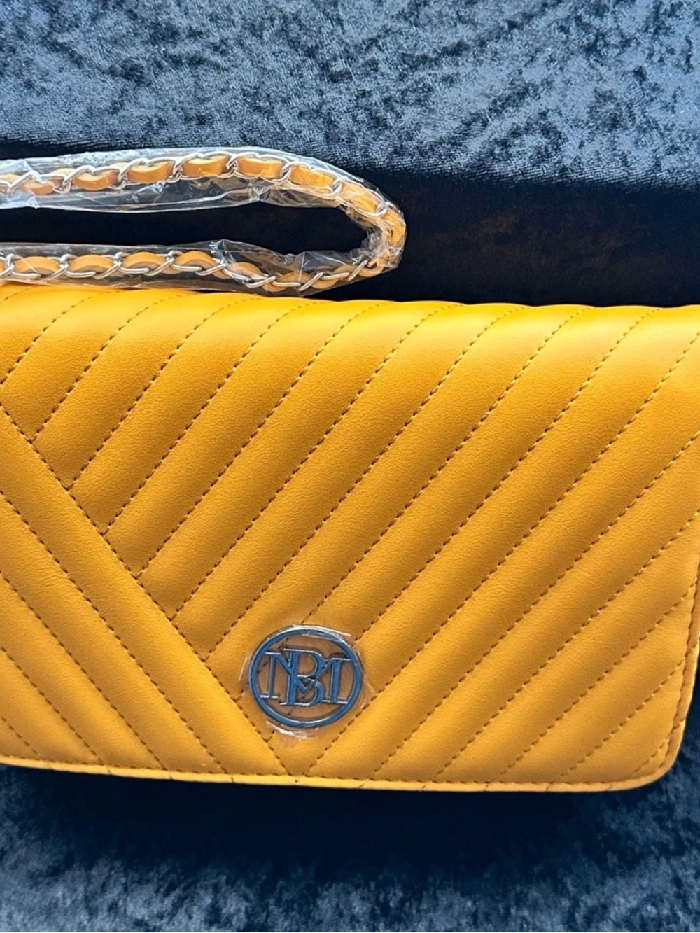 Badgley Mischka Vegan Leather Mustard Yellow Quilted Chevron Crossbody w/Chain